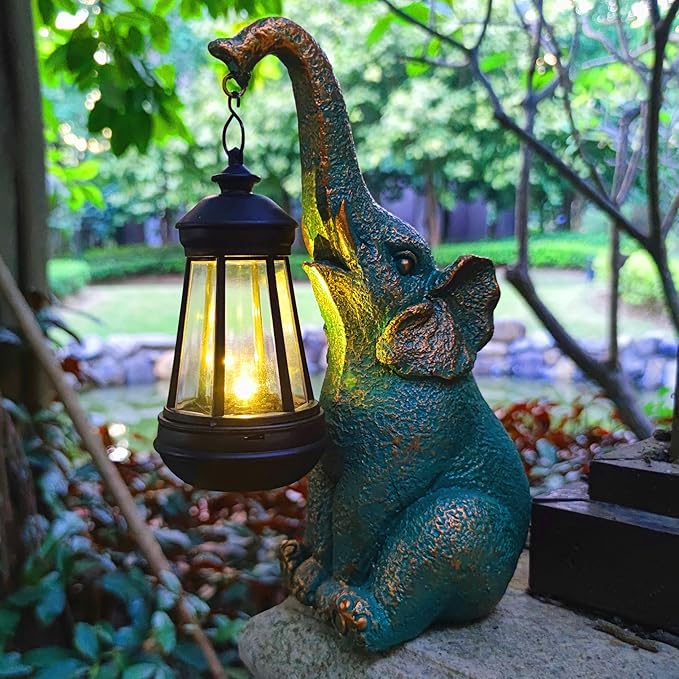 Solar Elephant Garden Statue Holding Lantern - Resin Outdoor Decor Good Luck Gift