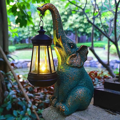 Solar Elephant Garden Statue Holding Lantern - Resin Outdoor Decor Good Luck Gift