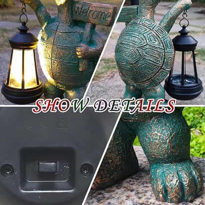 Solar Turtle Garden Statue with Welcome Sign and Lantern - 10-Inch Resin Decor