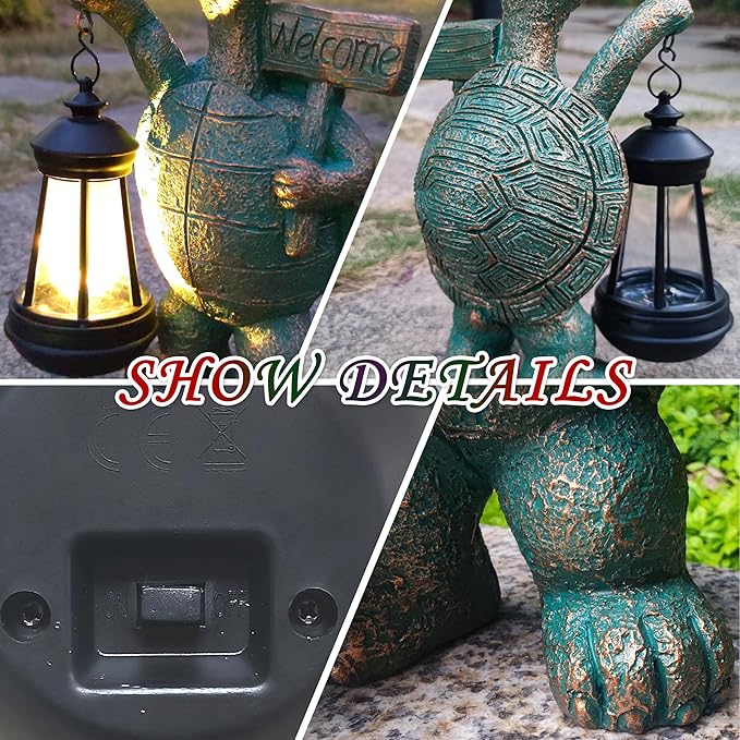 Solar Turtle Figurine with Lantern - Hand-Painted UV-Resistant Resin Garden and Patio Decor