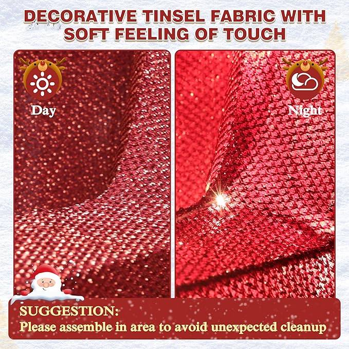 Red glittered tinsel fabric with warm-white light sparkle
