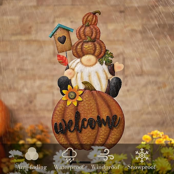 Waterproof windproof fall gnome welcome pumpkin yard sign stake with sunflower detail