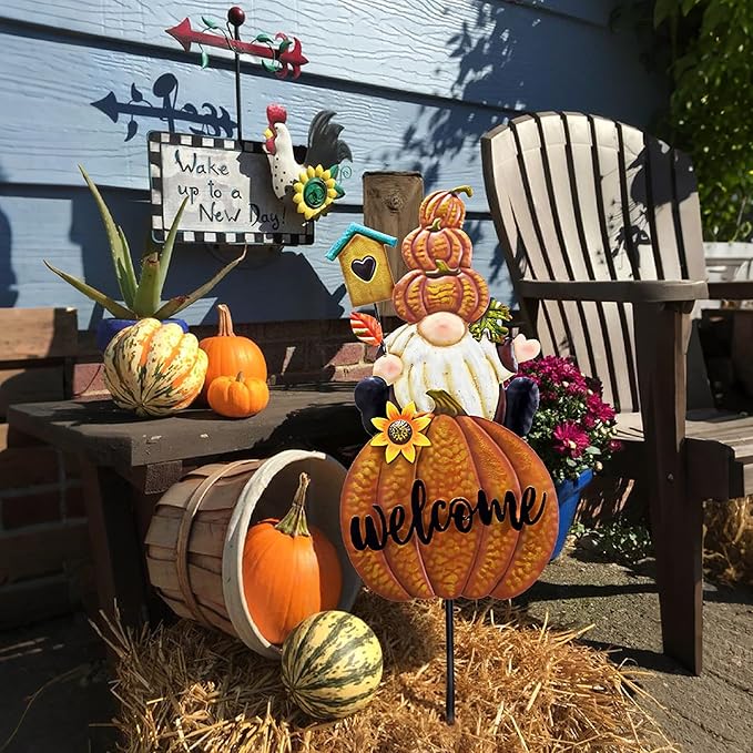 Fall gnome welcome pumpkin yard sign stake with sunflower detail and welcome lettering