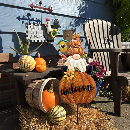 Fall gnome welcome pumpkin yard sign stake with sunflower detail and welcome lettering