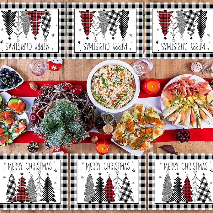 Set of 6 Christmas placemats, buffalo plaid border with black, white, and red tree art