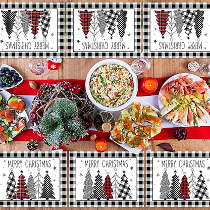 Set of 6 Christmas placemats, buffalo plaid border with black, white, and red tree art