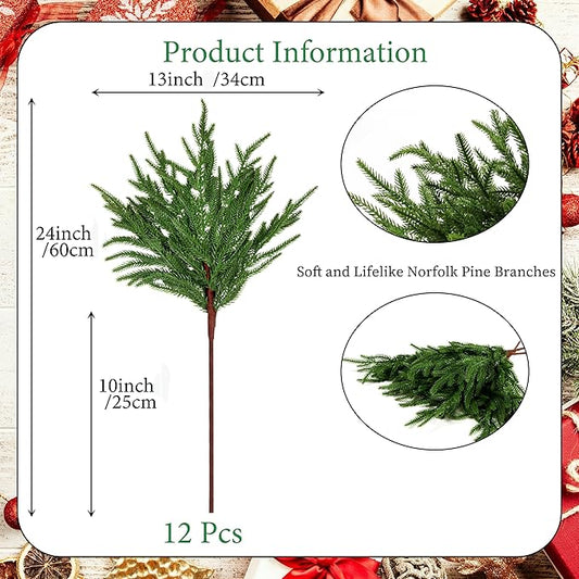 Green faux Norfolk pine branch set shown on product packaging card