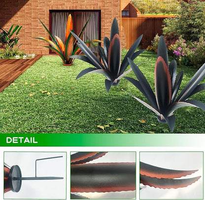 Black Metal Agave Garden Sculpture with Blue Highlights - 12-Leaf Rustic Outdoor Decor