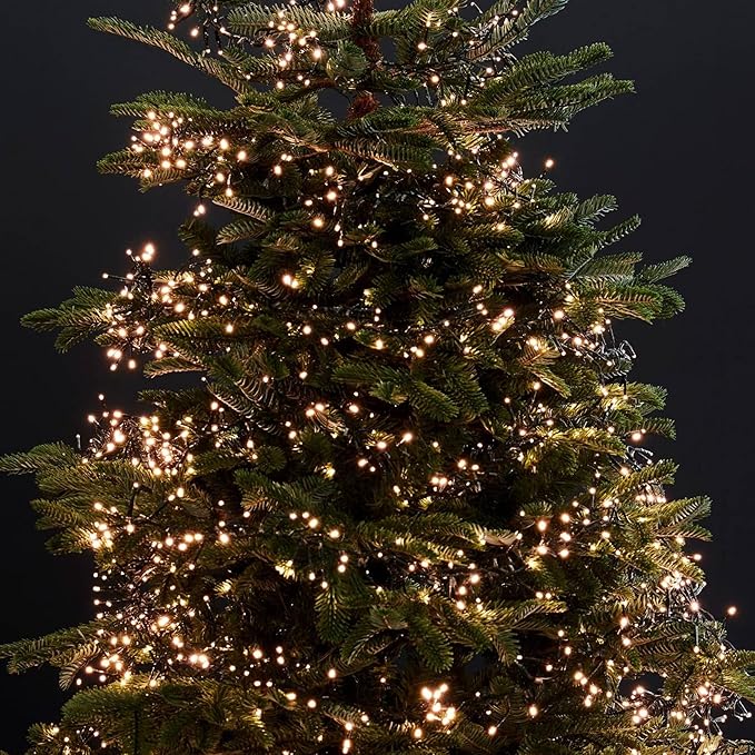Warm white LED string lights wrapped on a Christmas tree branches