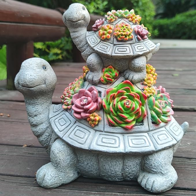 Mother and Baby Turtle Solar Garden Light - Hand-Painted Resin Figurine with 6 Warm White LEDs for Garden, Lawn, Patio, and Balcony