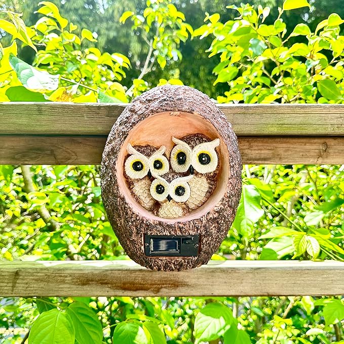 Solar Owl Family Garden Statue - Hanging Tree Hollow Resin Sculpture with Dual LED Amber Glow
