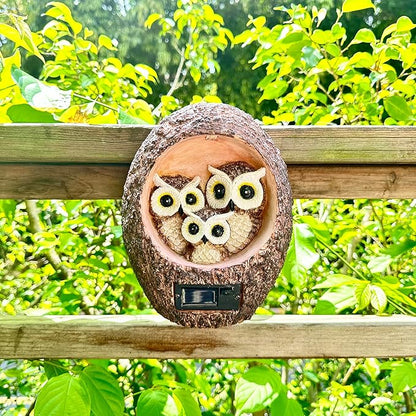 Solar Owl Family Garden Statue - Hanging Tree Hollow Resin Sculpture with Dual LED Amber Glow