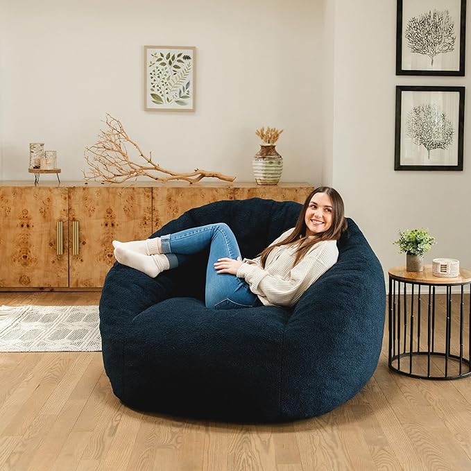 Deep Navy Boucle Cloudberry Cocoon Bean Bag Chair - Giant Structured Round Lounge Chair for Nursery, Reading, and the Most Enveloping Seat in the House