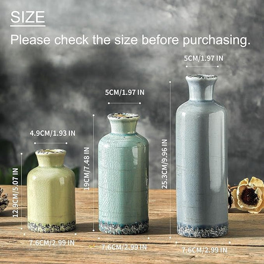 Set of 3 ceramic vases in light blue, teal, and cream; size chart display