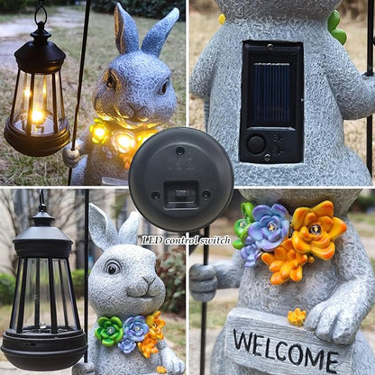 Solar Rabbit Garden Statue with Lantern and Flowers - 12-Inch UV-Resistant Resin Outdoor Decor