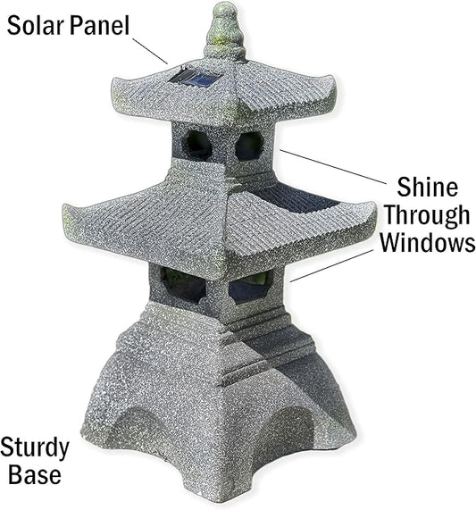 2-Tier Pagoda Solar Garden Statue with LED Light - 26-Inch Zen Outdoor Decor