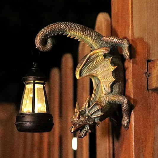 Solar dragon tree hugger statue with black lantern, dark green and bronze dragon detail