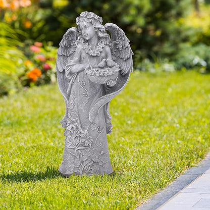 Large Angel Garden Statue with Birds - 23.5-Inch Natural Stone Detail Resin Outdoor and Indoor Sculpture