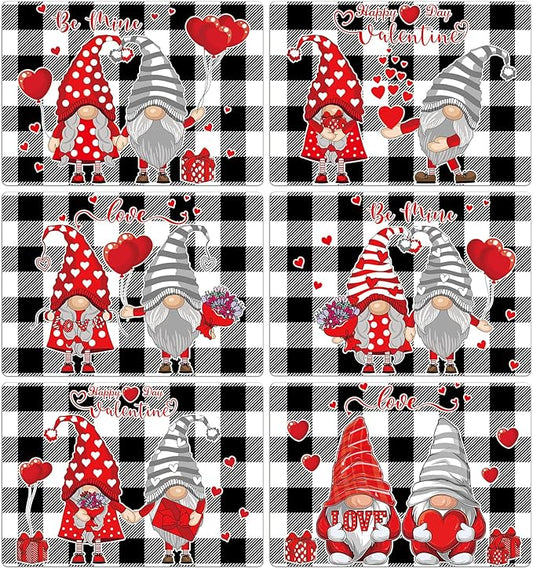 Set of 6 buffalo plaid placemats with red hearts and gnome figures