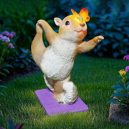 Solar Yoga Squirrel Garden Statue with Lighted Butterfly - IP44 Resin Outdoor Decor