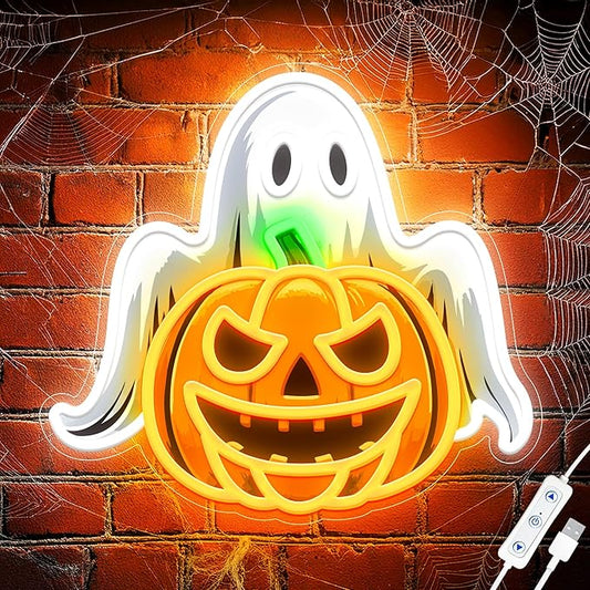 Halloween LED neon light sign: glowing ghost holding an orange jack-o'-lantern pumpkin