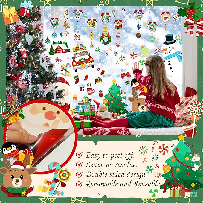 Christmas window clings with snowman, Santa, reindeer, tree and snowflake sticker icons