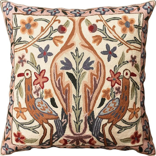 Cream linen-look pillow cover with tree-and-bird suzani floral embroidery