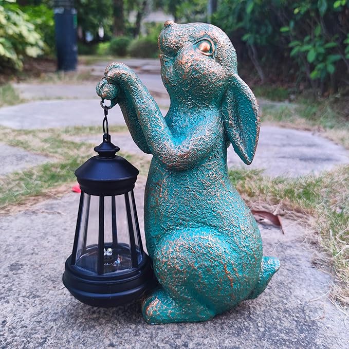 Solar Rabbit Garden Statue Holding Lantern - Resin Outdoor Decor with Warm Welcoming Glow