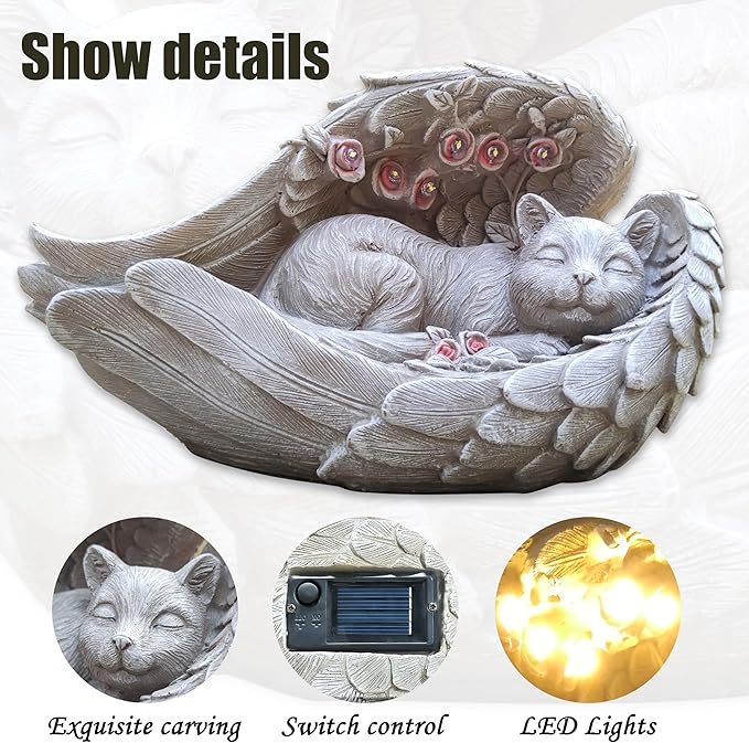 Solar Angel Cat Memorial Statue with LED Light - Resin Pet Remembrance Decor