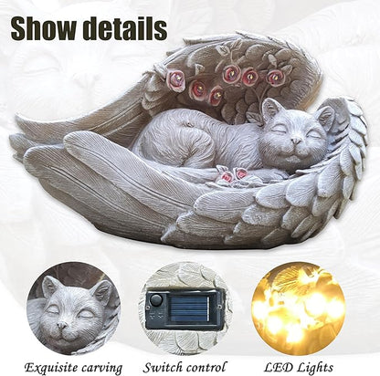Solar Angel Cat Memorial Statue with LED Light - Resin Pet Remembrance Decor