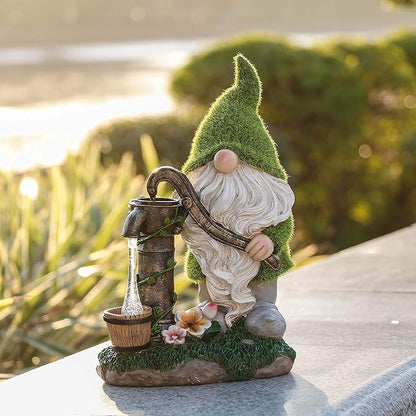 Solar-powered resin garden gnome decor with green cap, white beard, and glowing lantern on patio
