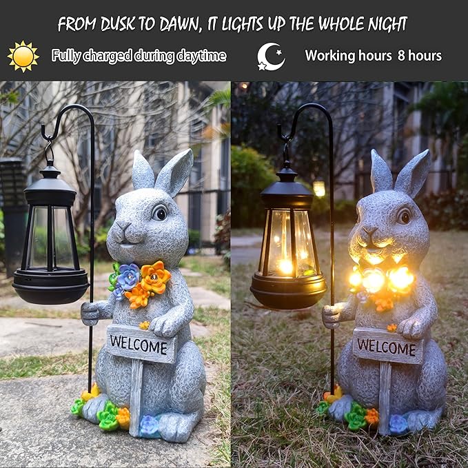 Solar Rabbit Garden Statue with Lantern and Welcome Sign - Resin Outdoor Decor