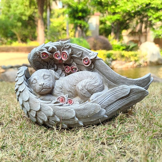 Solar Angel Dog Memorial Statue - Sleeping Dog with Angel Wings Resin Garden Decor