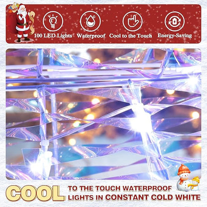 Close view of iridescent LED snowman light strands glowing cool white, crisscross wire pattern