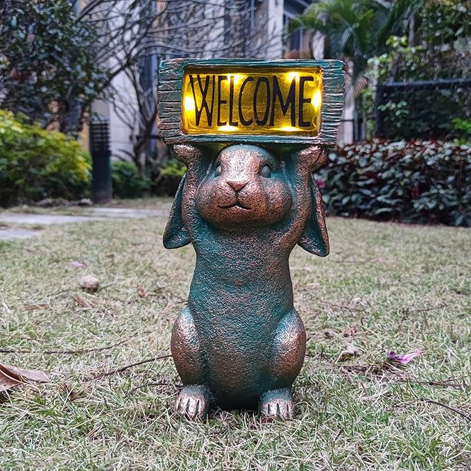 Solar Rabbit Garden Statue Holding Welcome Sign - 11.5-Inch Resin Porch and Garden Decor