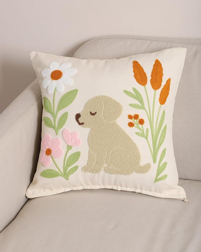 Embroidered dog pillow cover with orange tulip-like flowers and pink blossoms, cream