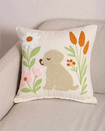Embroidered dog pillow cover with orange tulip-like flowers and pink blossoms, cream
