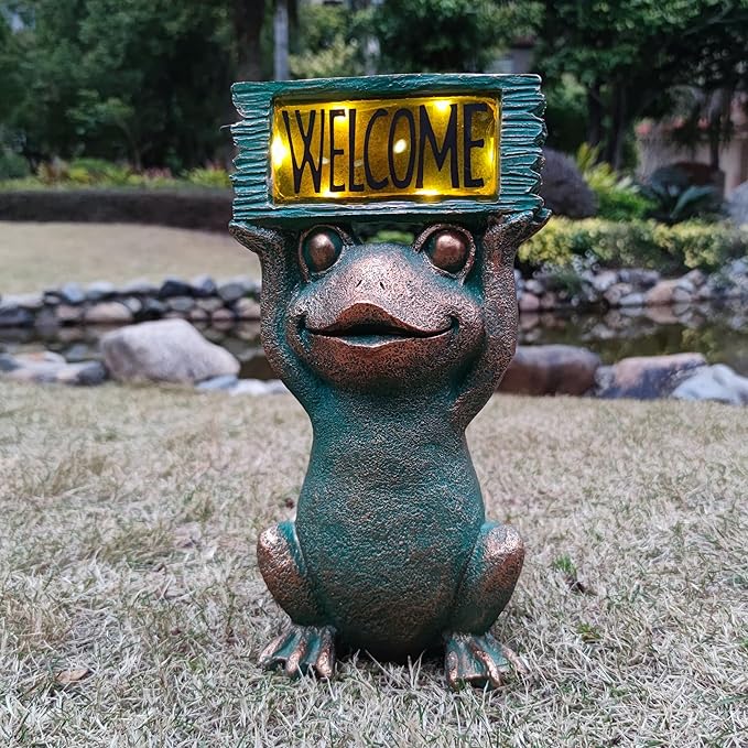 Solar Frog Garden Statue with Welcome Sign - 11.5-Inch Resin Outdoor Decor