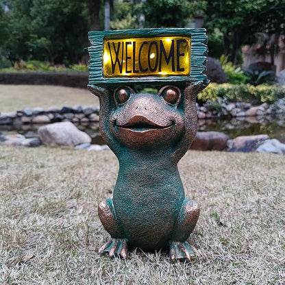 Solar Frog Garden Statue with Welcome Sign - 11.5-Inch Resin Outdoor Decor