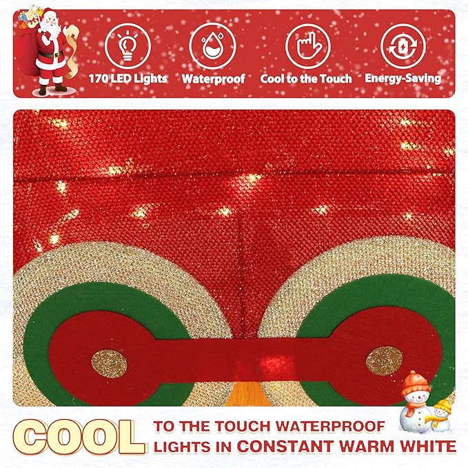 Red glitter tinsel fabric section with embedded warm-white light dots for waterproof decor