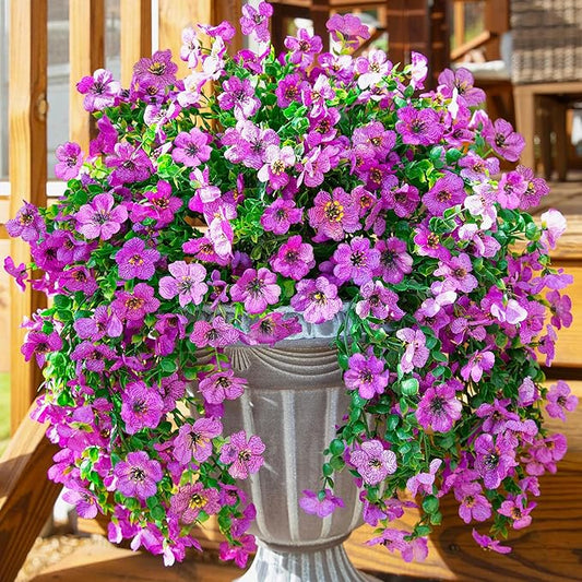 Purple faux hanging flower bundle with trailing green vines, full blossoms