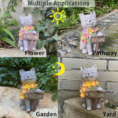 Cat Solar Garden Statue with Welcome Sign and LED Flowers - Weatherproof Resin Decor