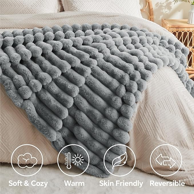 Grey Faux Rabbit Fur Throw Blanket – 50"x60" | 770GSM Double-Sided Luxury Fluffy Blanket | 3D Striped Plush Couch Throw for Men & Women