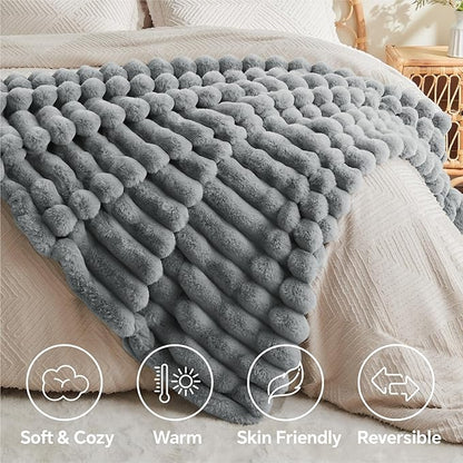 Grey Faux Rabbit Fur Throw Blanket – 50"x60" | 770GSM Double-Sided Luxury Fluffy Blanket | 3D Striped Plush Couch Throw for Men & Women