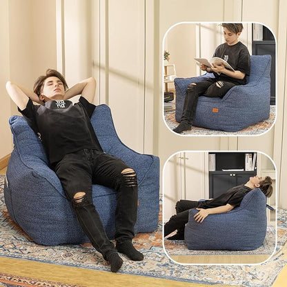 Denim Blue Chenille Memory Foam Bean Bag Armchair - Deep Recline Lounge Chair with Armrests for Reading Nook, Nursery, and Modern Home