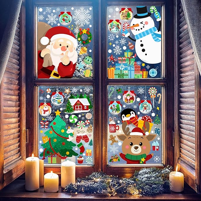 Christmas window clings with Santa, snowman, reindeer, penguin and snowflake icons