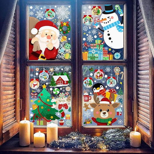 Christmas window clings with Santa, snowman, reindeer, penguin and snowflake icons