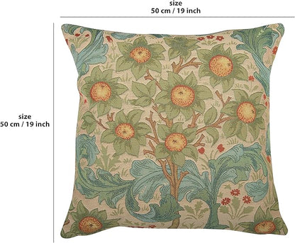 Decorative square pillow cover with botanical tapestry pattern and orange flowers on cream