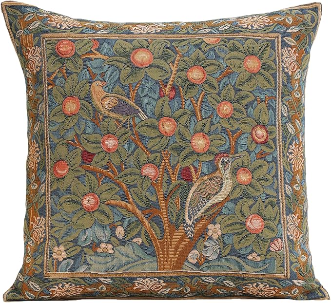 Decorative tapestry pillow cover with green floral and bird square design, bordered edges