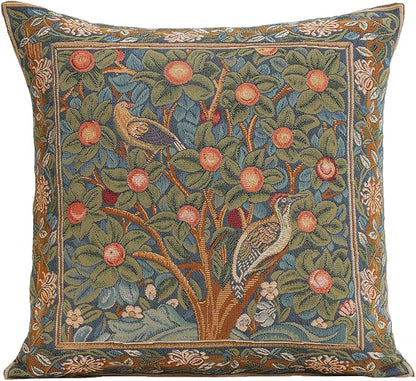 Decorative tapestry pillow cover with green floral and bird square design, bordered edges